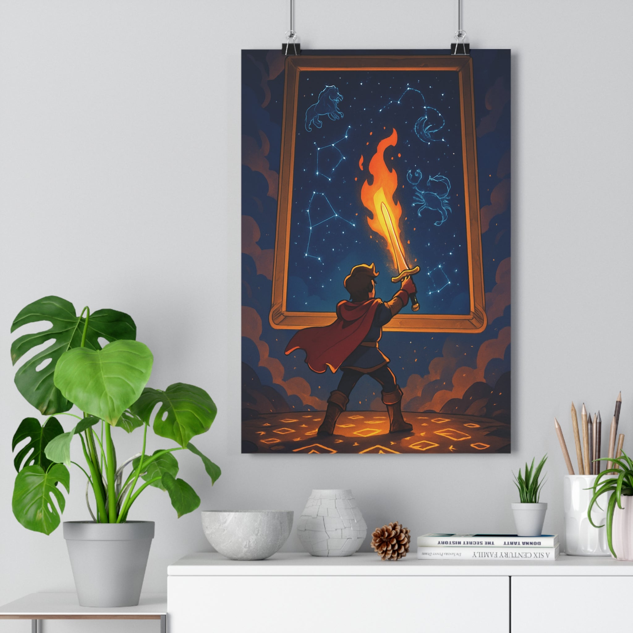 Poster décoratif épique rouge bleu aventure chambre enfant animation artistique magique épée céleste constellation