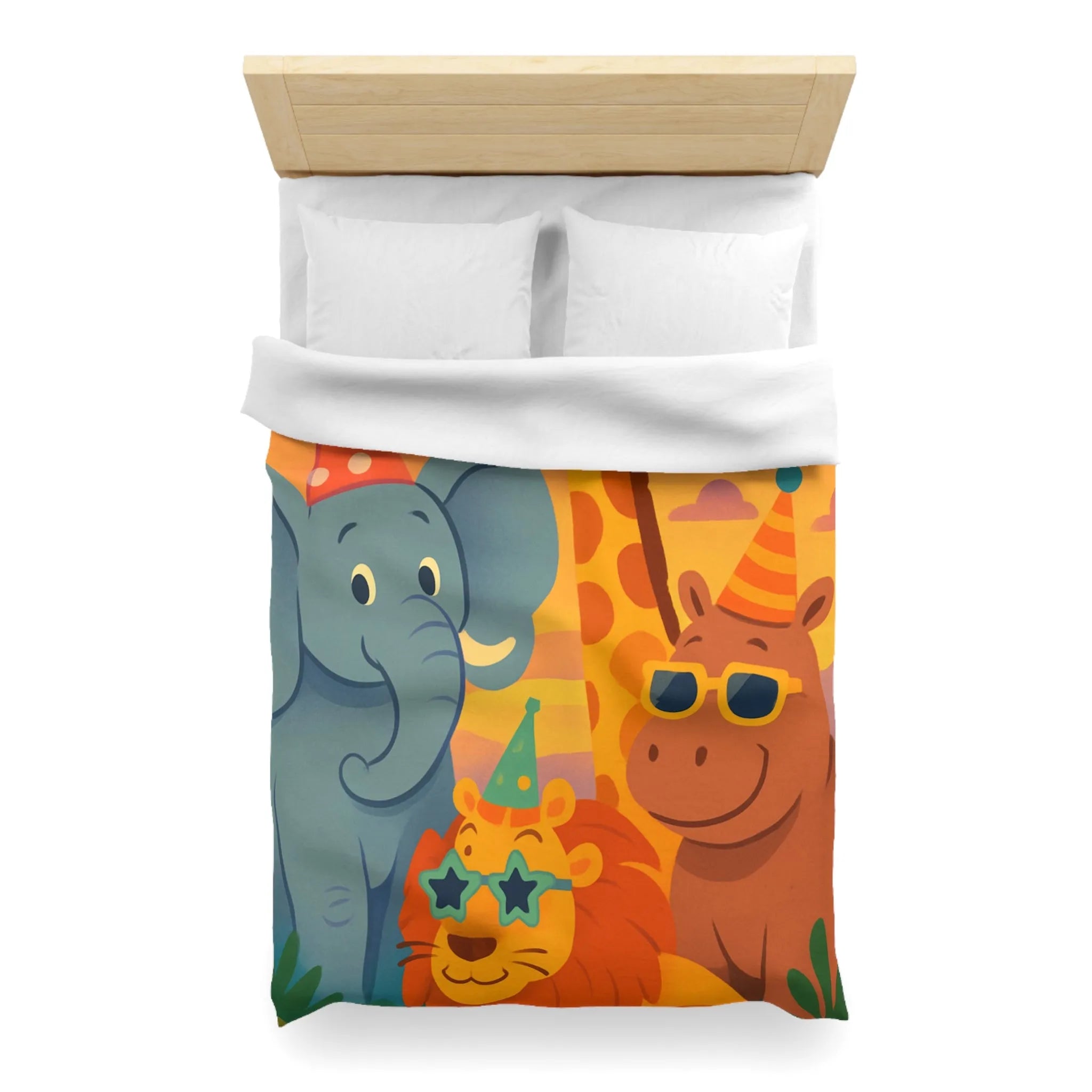 Housse de couette enfantine avec animaux de safari festifs et chapeaux colorés en fête