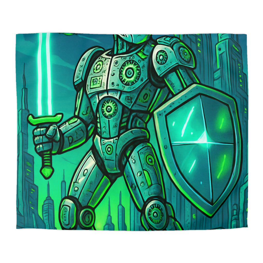 Housse de couette robot futuriste avec épée lumineuse et ville high-tech
