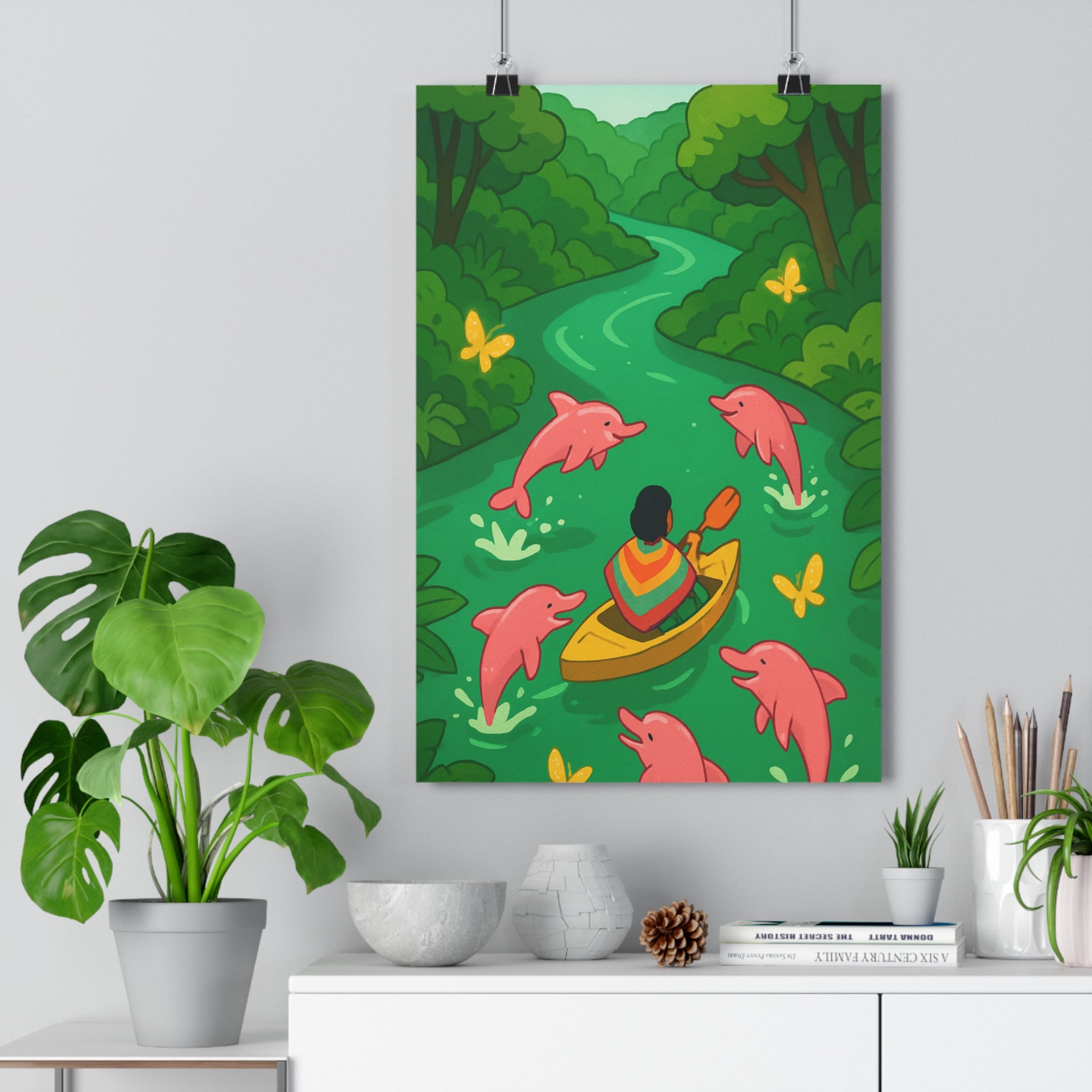 Poster décoratif illustration rêveuse émeraude jaune rose vert nature magique joyeux chambre salon aventure
