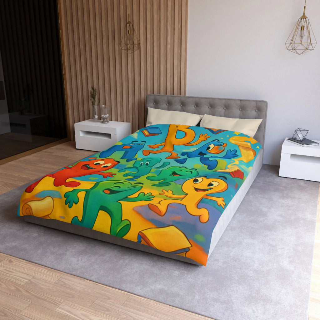 Housse de couette colorée avec lettres animées dans un paysage ludique et éducatif