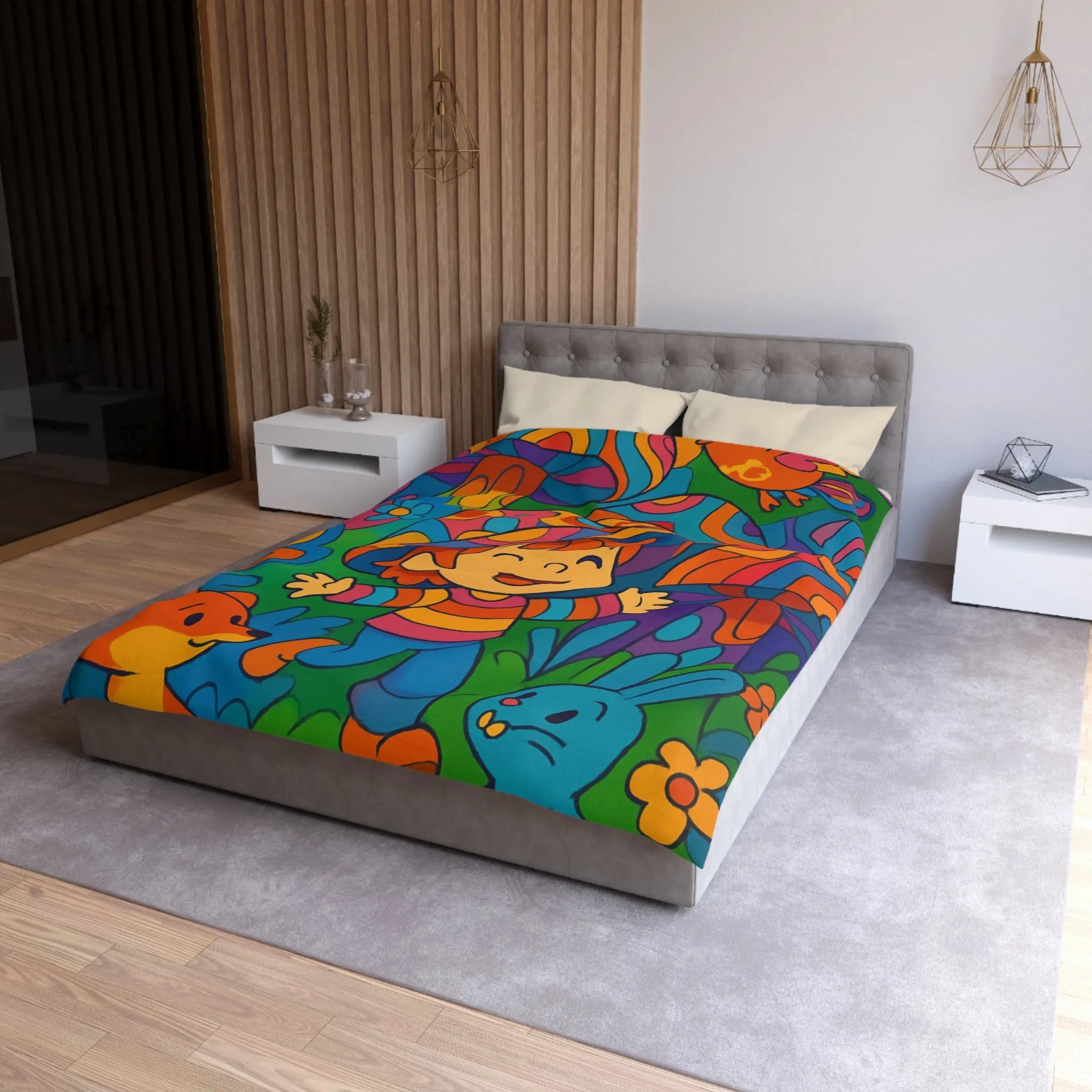 Housse de couette enfant joyeuse avec animaux en forêt style rétro arc-en-ciel