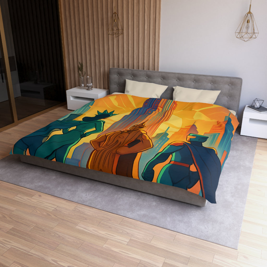 Super-héros courageux contemplant une ville moderne au lever du soleil urbain majestueux