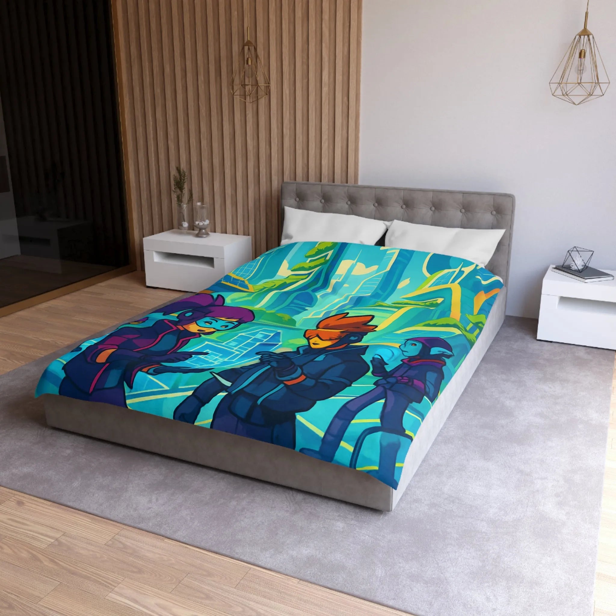 Housse de couette futuriste avec design coloré et thème urbain science-fiction moderne