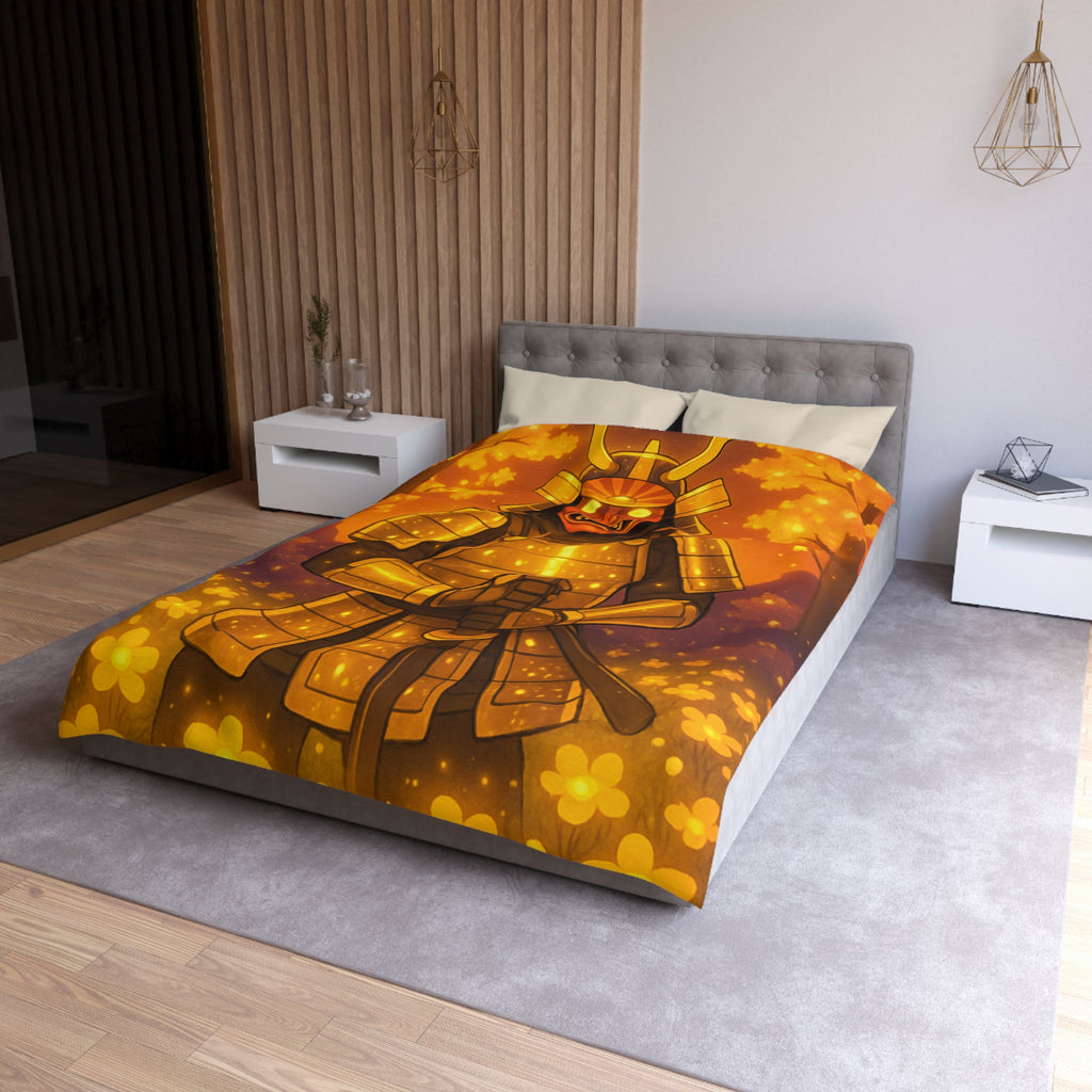 Housse de couette samouraï doré dans forêt magique, ambiance légendaire pour chambre zen