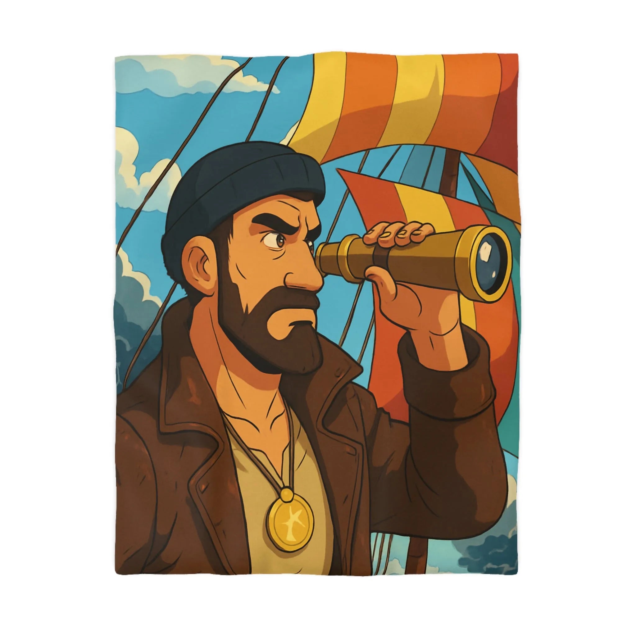 Housse de couette maritime avec explorateur, longue-vue et voiles colorées en mer