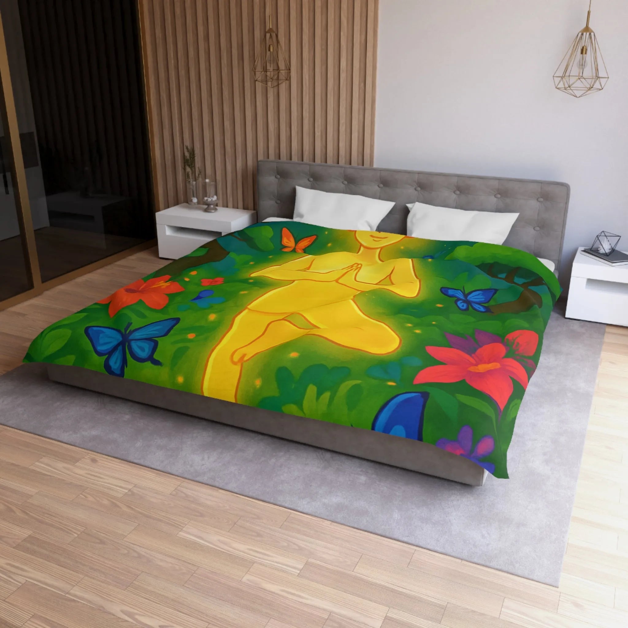 Housse de Couette avec Design Méditatif et Papillons Multicolores en Forêt Luxuriante