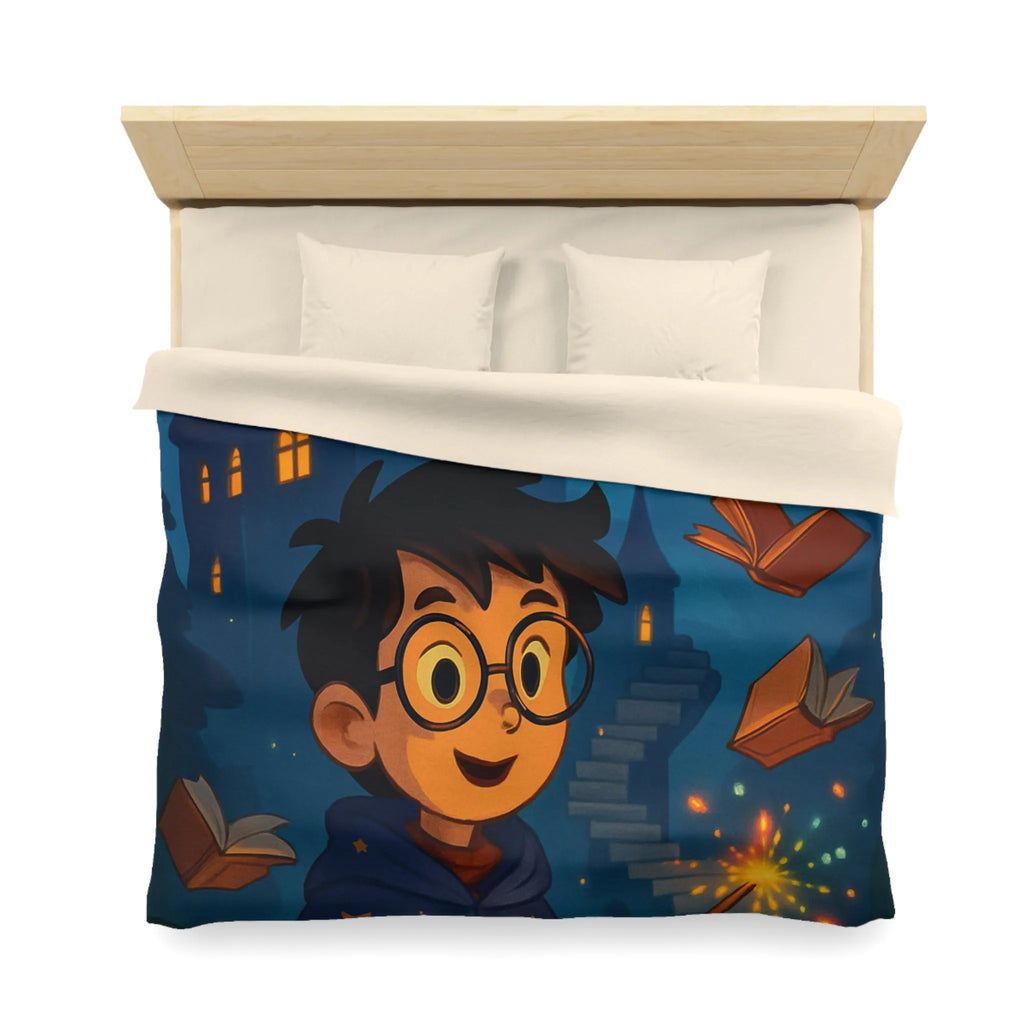 Housse de couette magique avec sorcier, hibou, château et livres enchantés étoiles