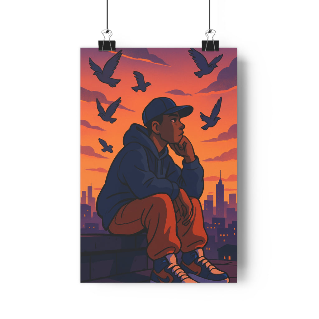 Poster décoratif illustratif crépusculaire orange violet contemplatif artistique salon bureau tendance 30x46 cm qualité