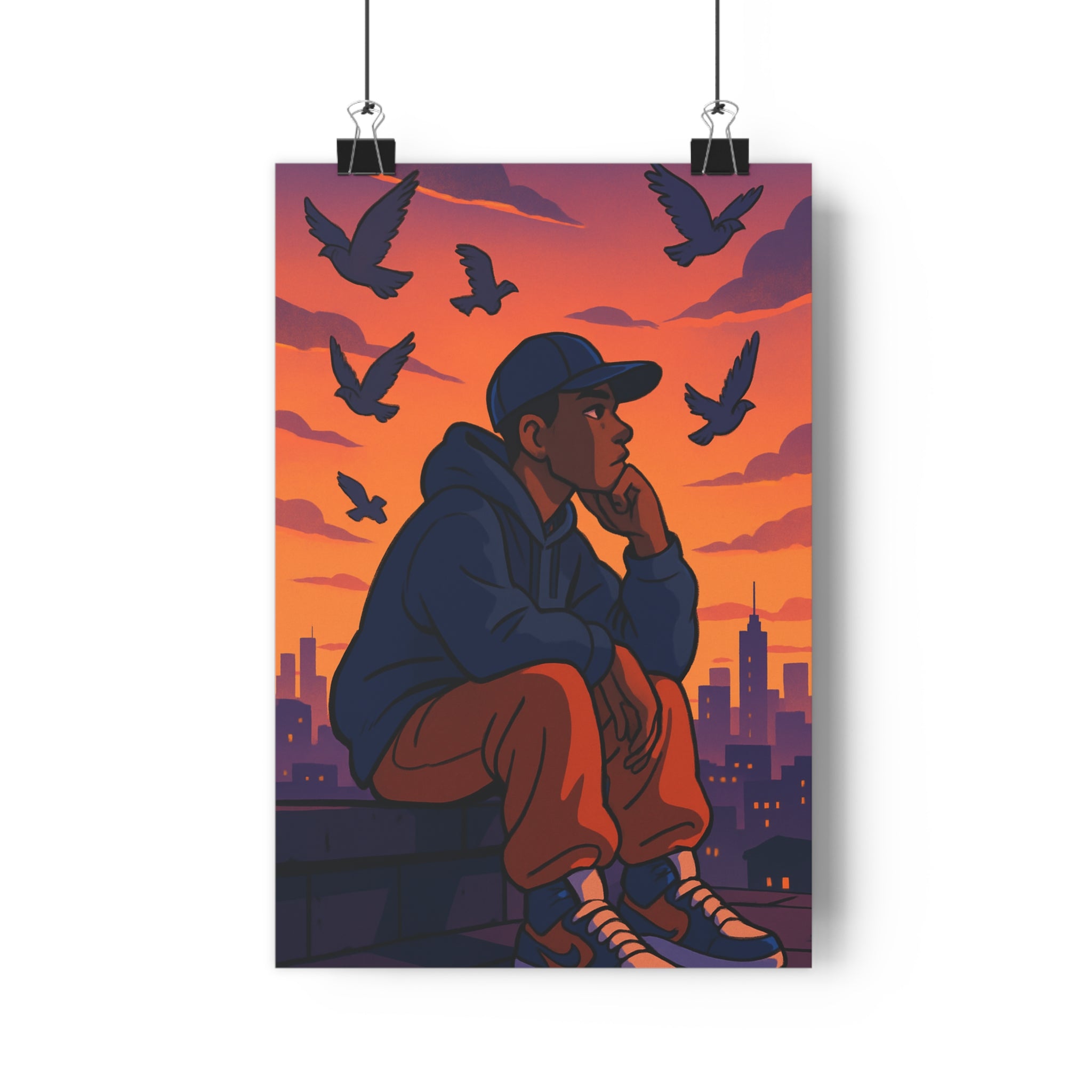 Poster décoratif illustratif crépusculaire orange violet contemplatif artistique salon bureau tendance 30x46 cm qualité