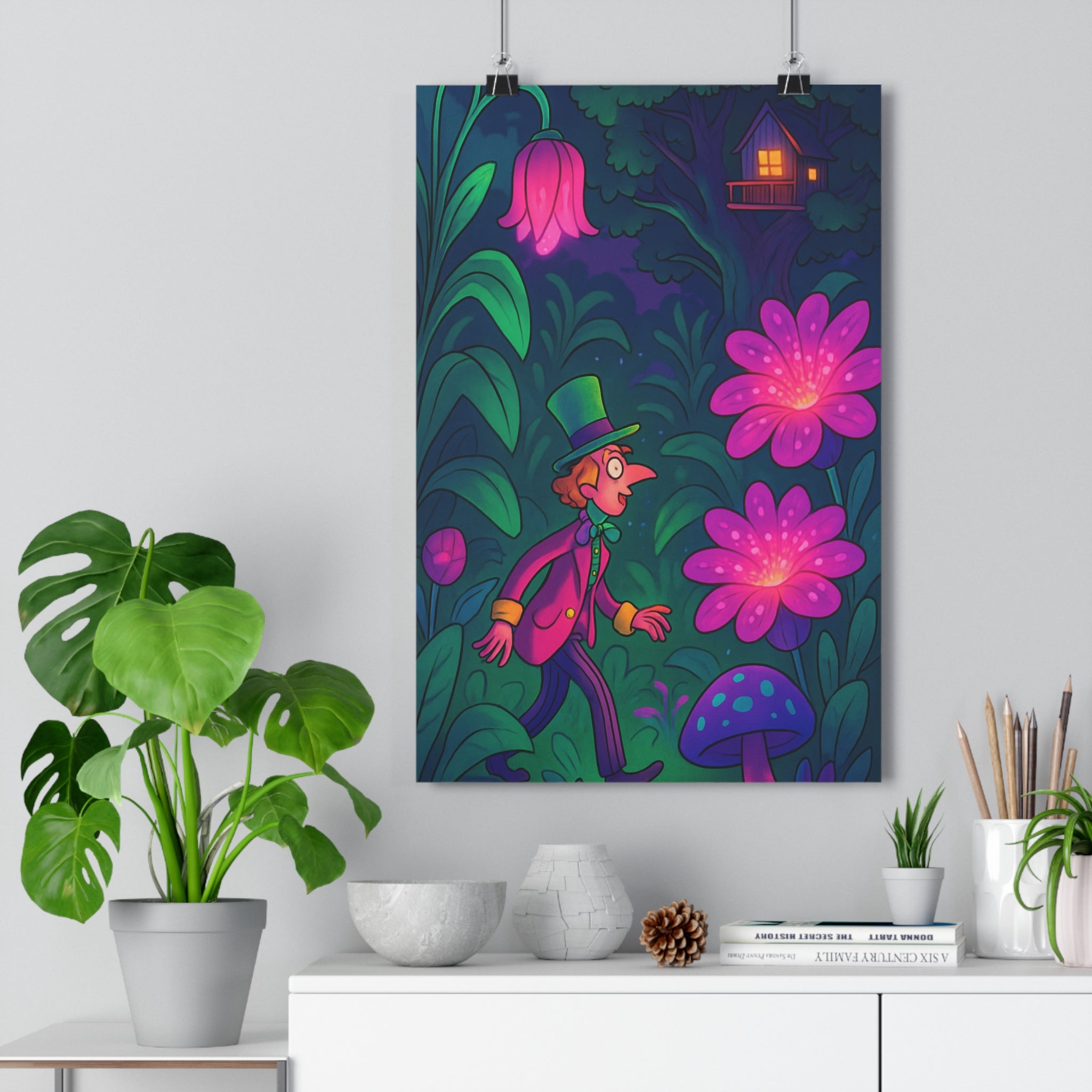 Poster décoratif jardin enchanté violet rose mystique salon chambre magique ambiance lumineuse qualité premium
