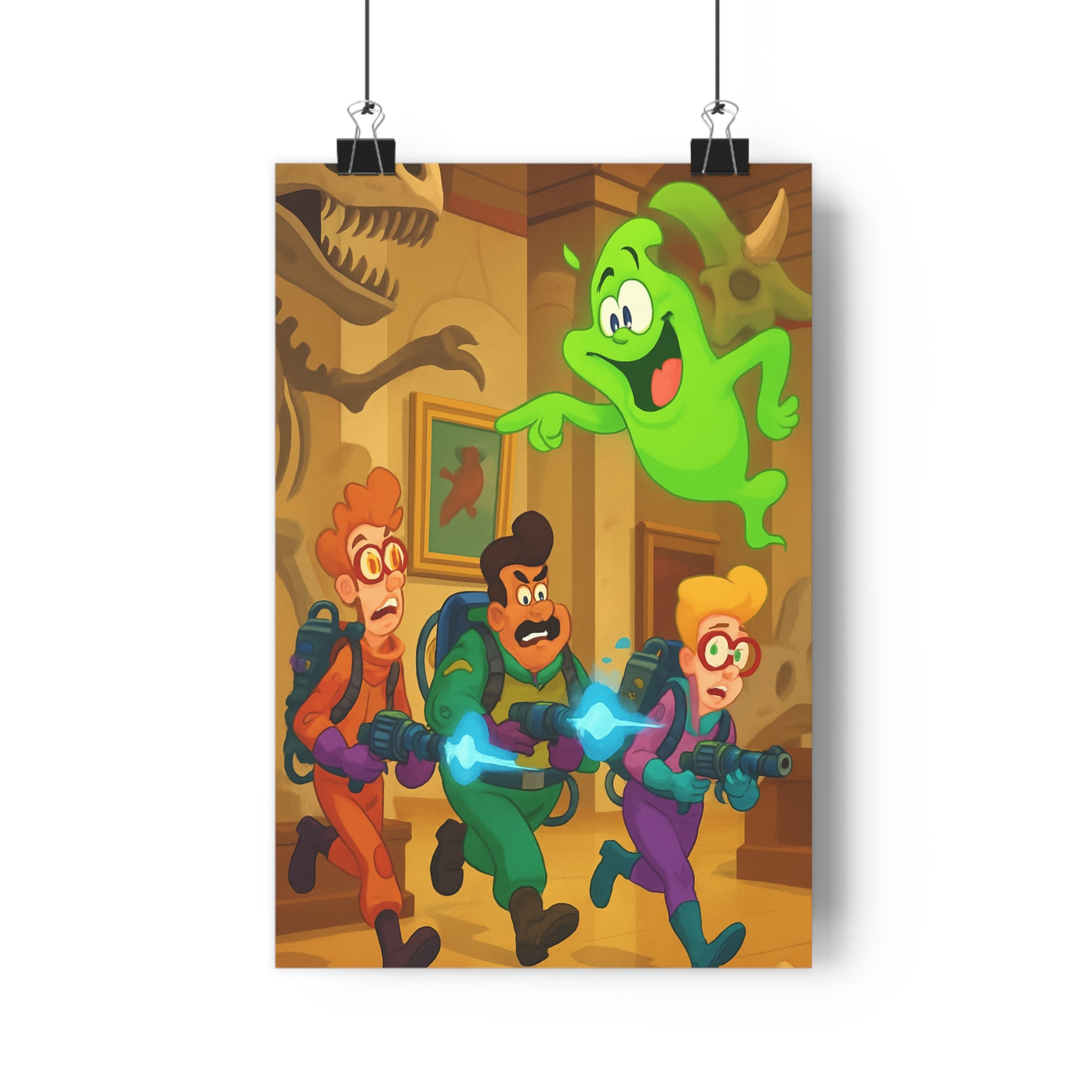 Poster décoratif comique chasse fantômes coloré vert humoristique bande dessinée ludique chambre amusant vibrant