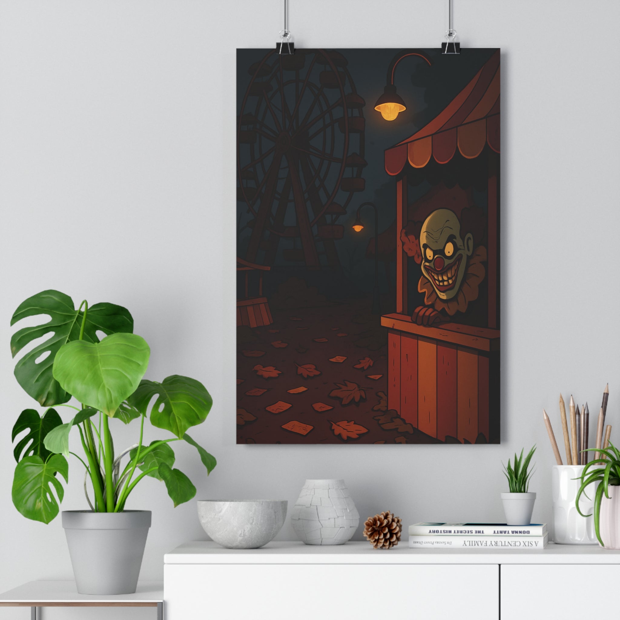 Poster décoratif dessin animé coloré sombre orange mystique chambre horreur clown fête foraine effrayant