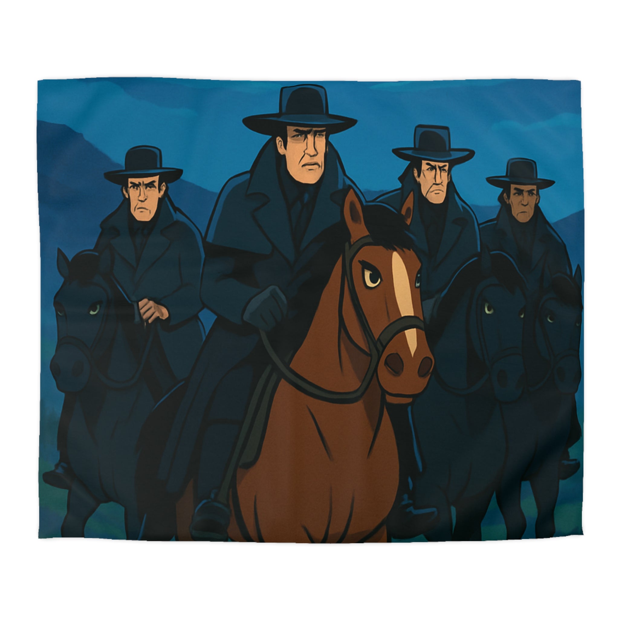 Housse de couette paysage nocturne cavalier sur cheval brun sous lune pleine