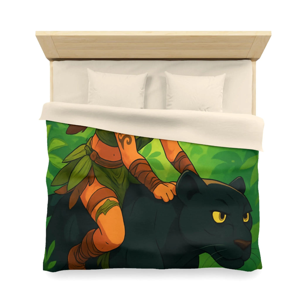 Housse de couette jungle avec fille guerrière et panthère noire pour chambre colorée