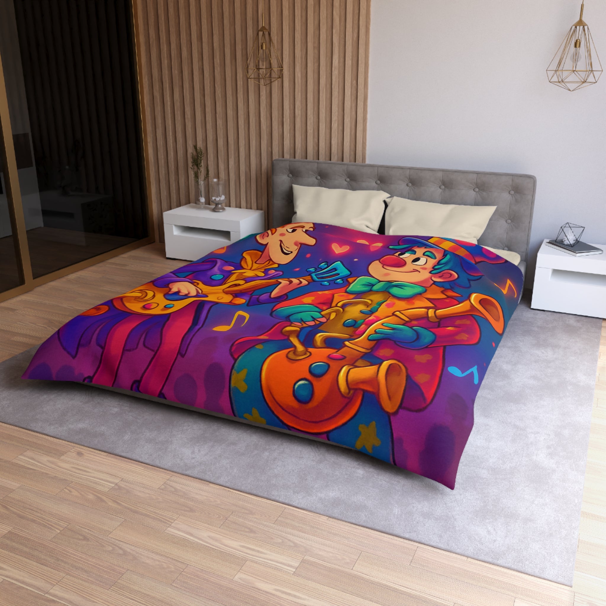 Housse de couette colorée avec musiciens joyeux jouant guitare et saxophone sous projecteurs