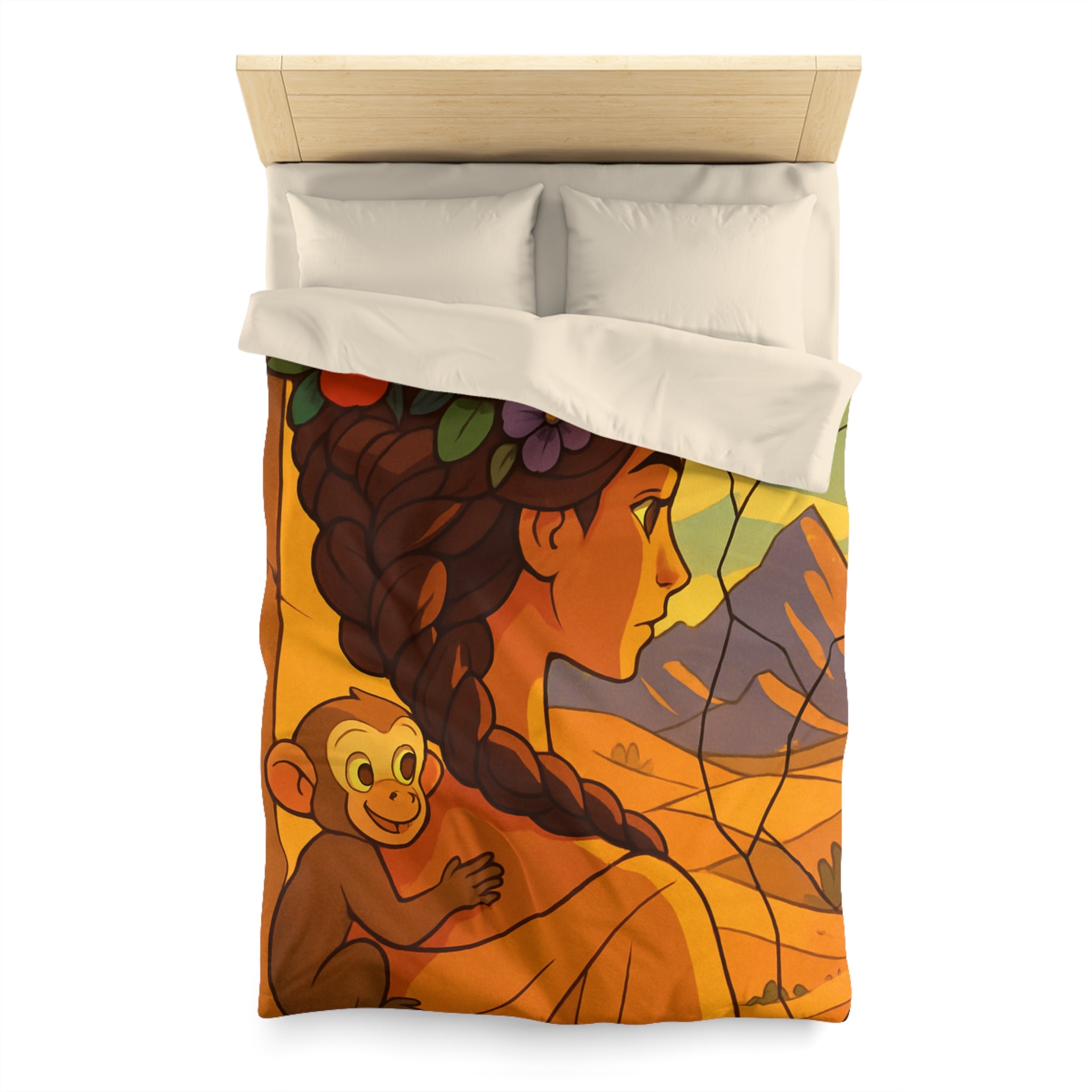 Housse de couette vibrante avec jeune femme et singe devant vitrail coloré