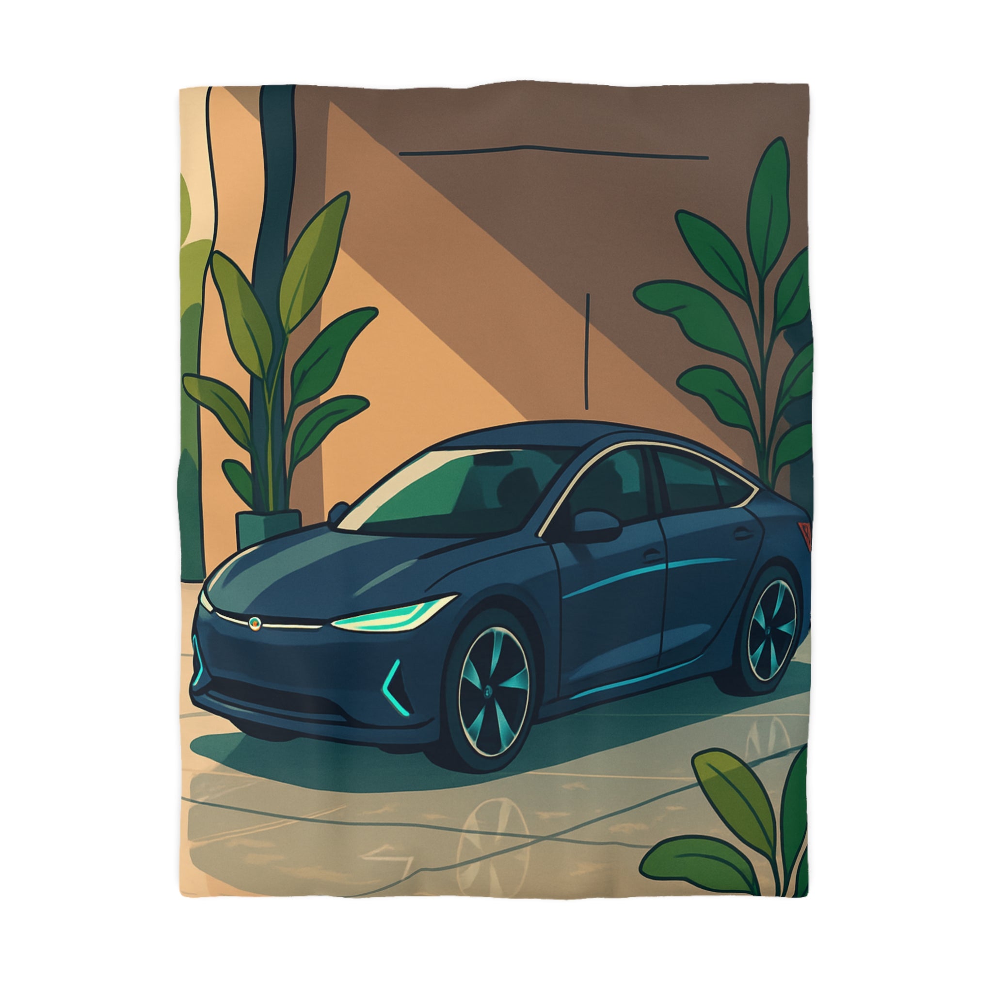 Housse de Couette Moderne avec Voiture et Plantes Vertes pour Design Chic Urbain