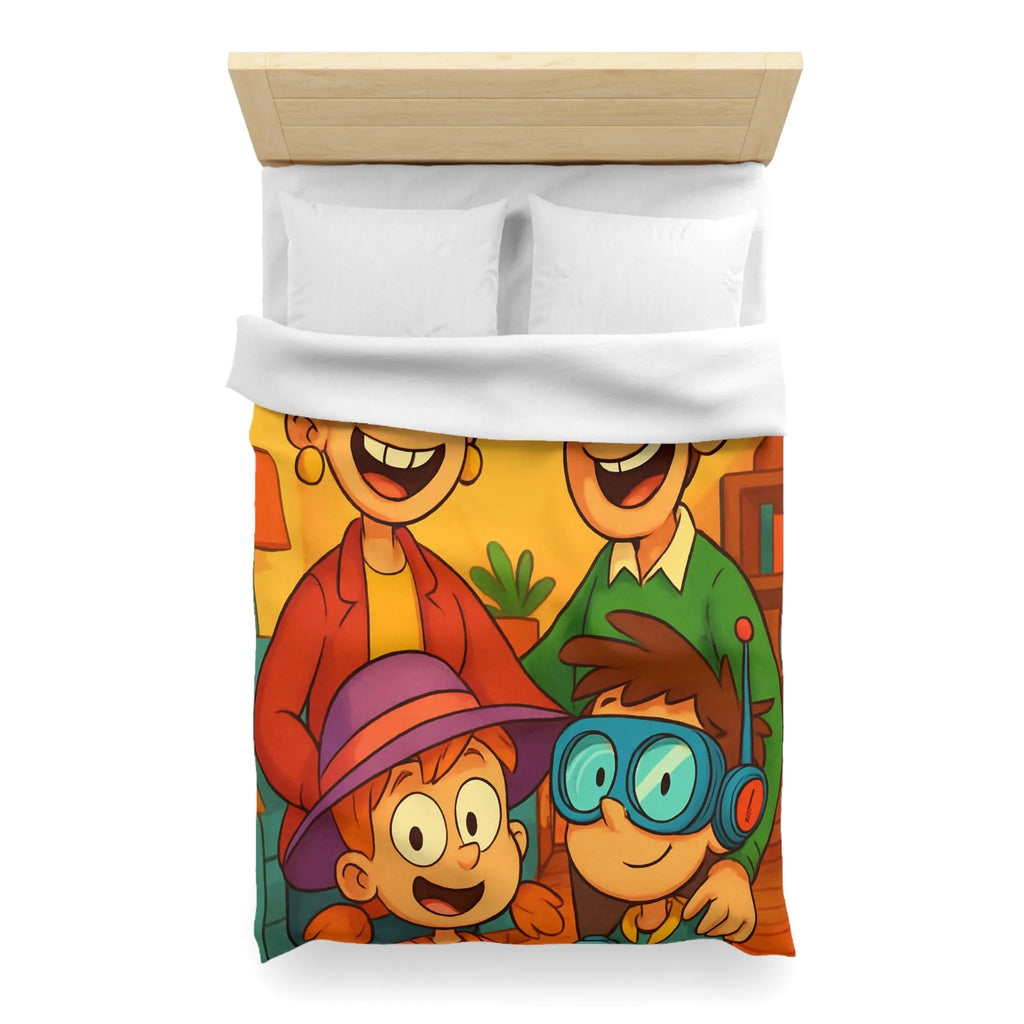 Housse de couette joyeuse avec une famille amusante et colorée, lunettes originales