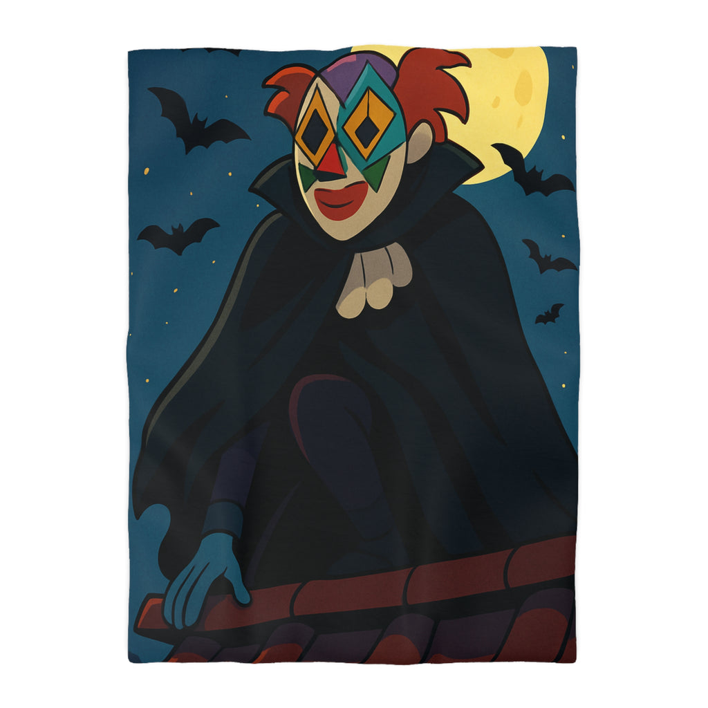 Masque Joker Coloré Sous Pleine Lune avec Chauves-Souris sur une Toiture Effrayante