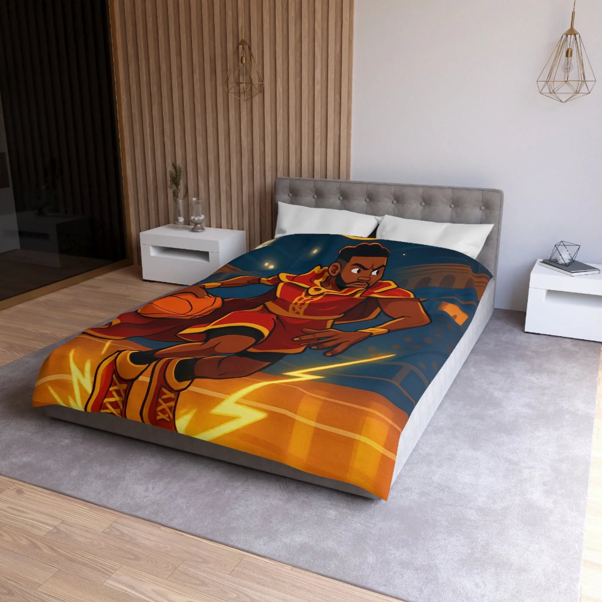 Athlète en Action avec Ballon de Basket dans Arène Lumineuse - Motif Royauté