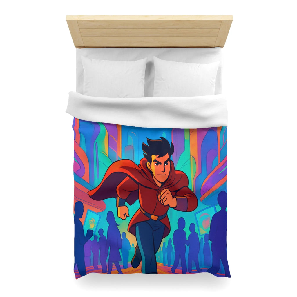 Housse de Couette avec Héros Futuriste Rouge Courant dans Ville Colorée et Dynamique