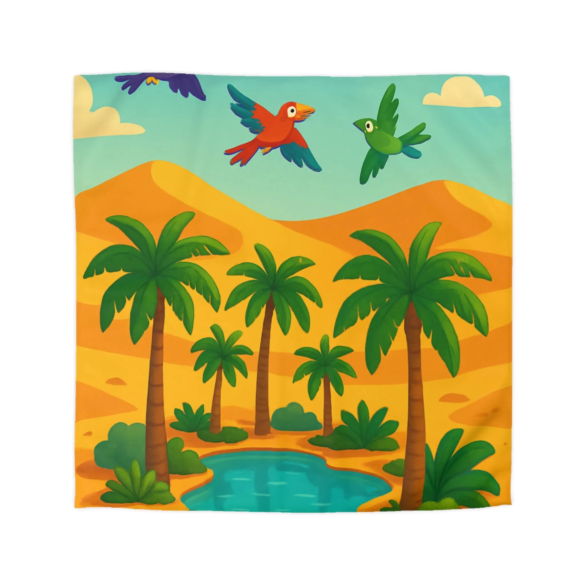 Housse de couette exotique avec palmiers, oiseaux colorés et oasis dans le désert