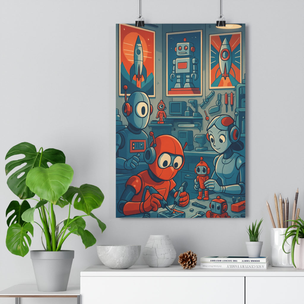 Poster décoratif rétrofuturiste bleu rouge moderne robots chambre bureau ambiance nostalgique art unique qualité