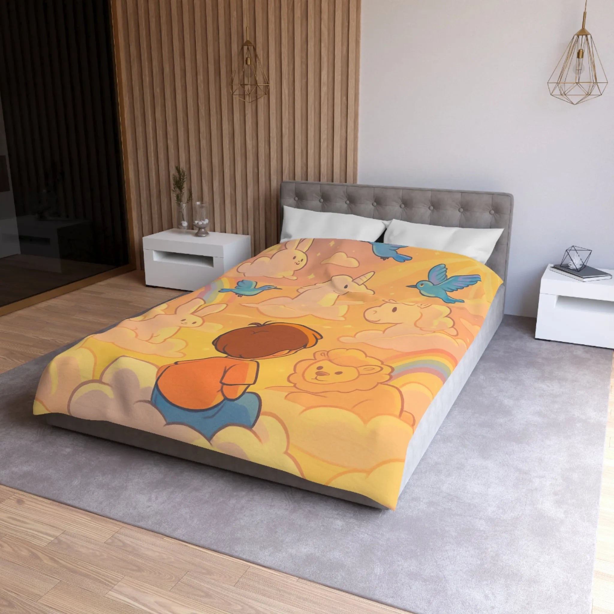 Housse de Couette Enfantine avec Licornes, Lapins et Oiseaux dans les Nuages Pastels