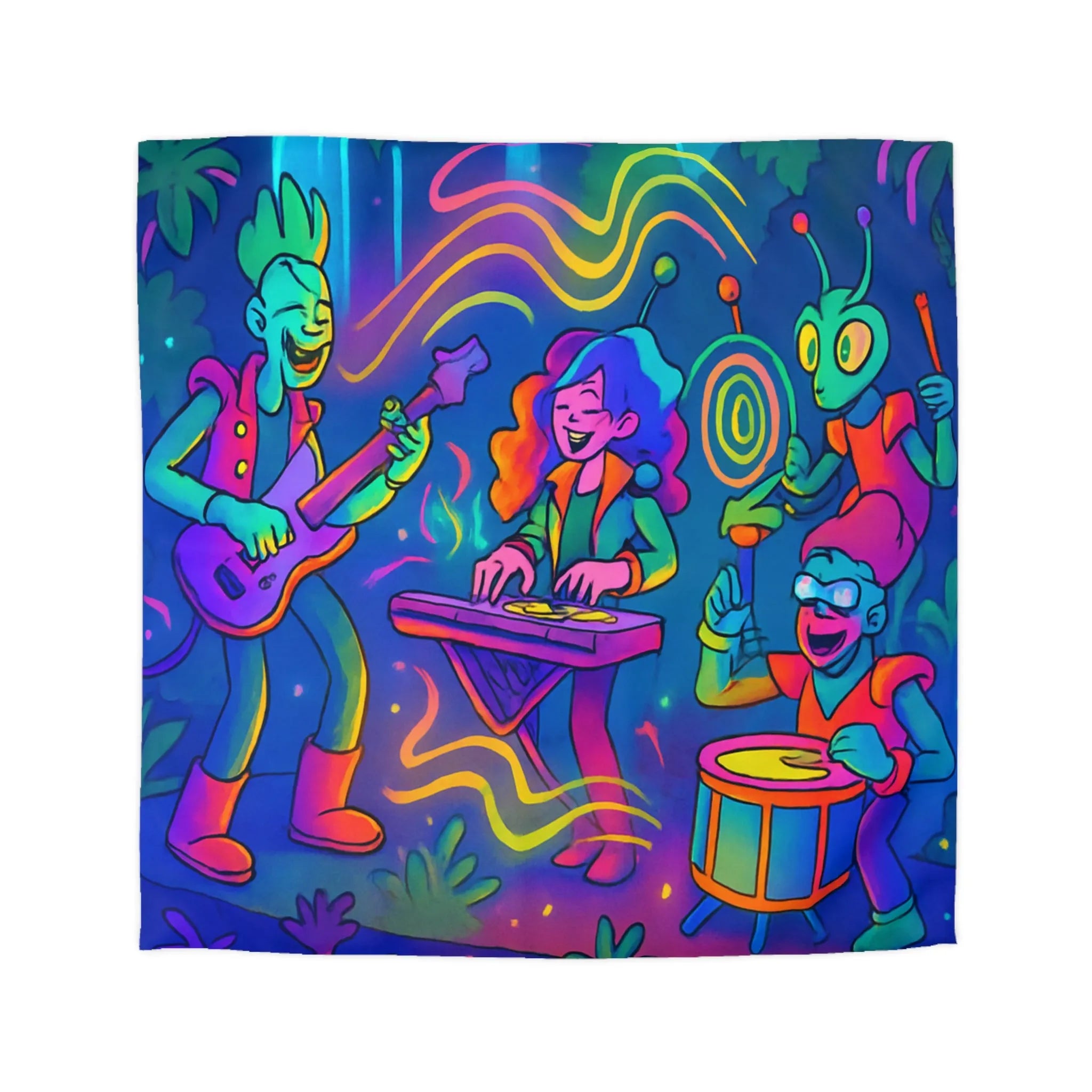 Housse de couette colorée avec une scène de concert de jungle néon vibrant