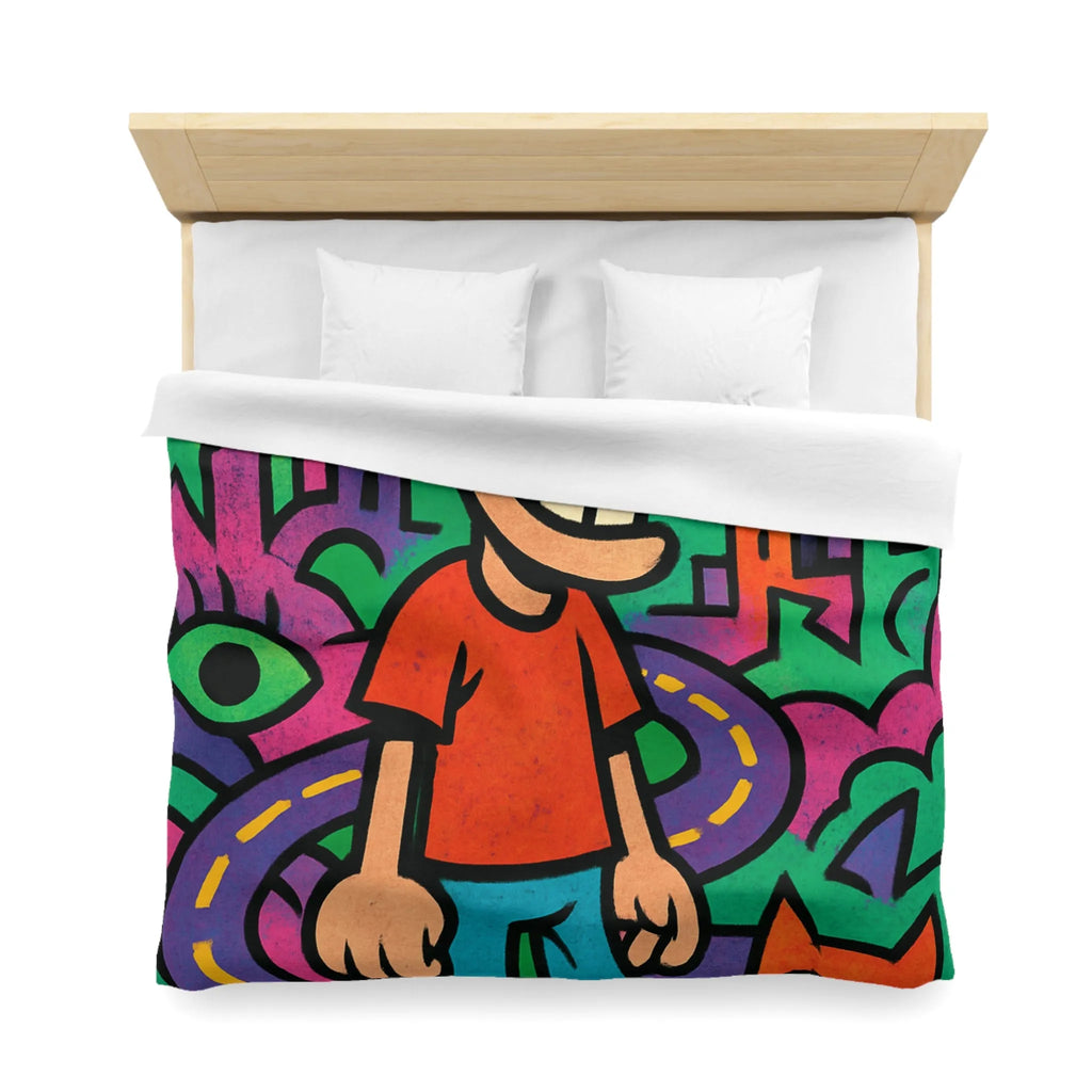 Housse de couette colorée motifs urbains et dessins animés, style pop art dynamique