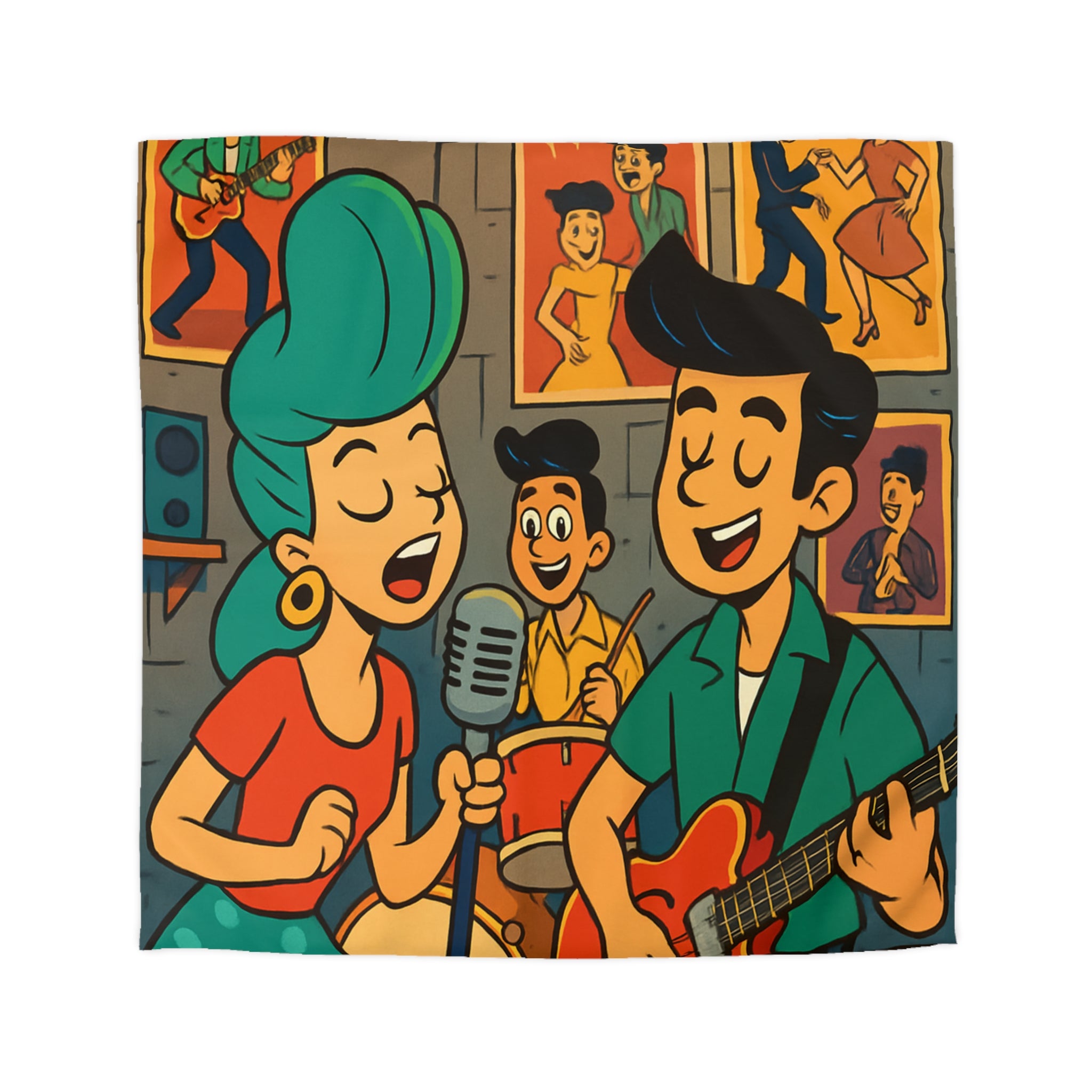 Housse de couette rétro ambiance années 50 avec musiciens et affiches colorées vintage
