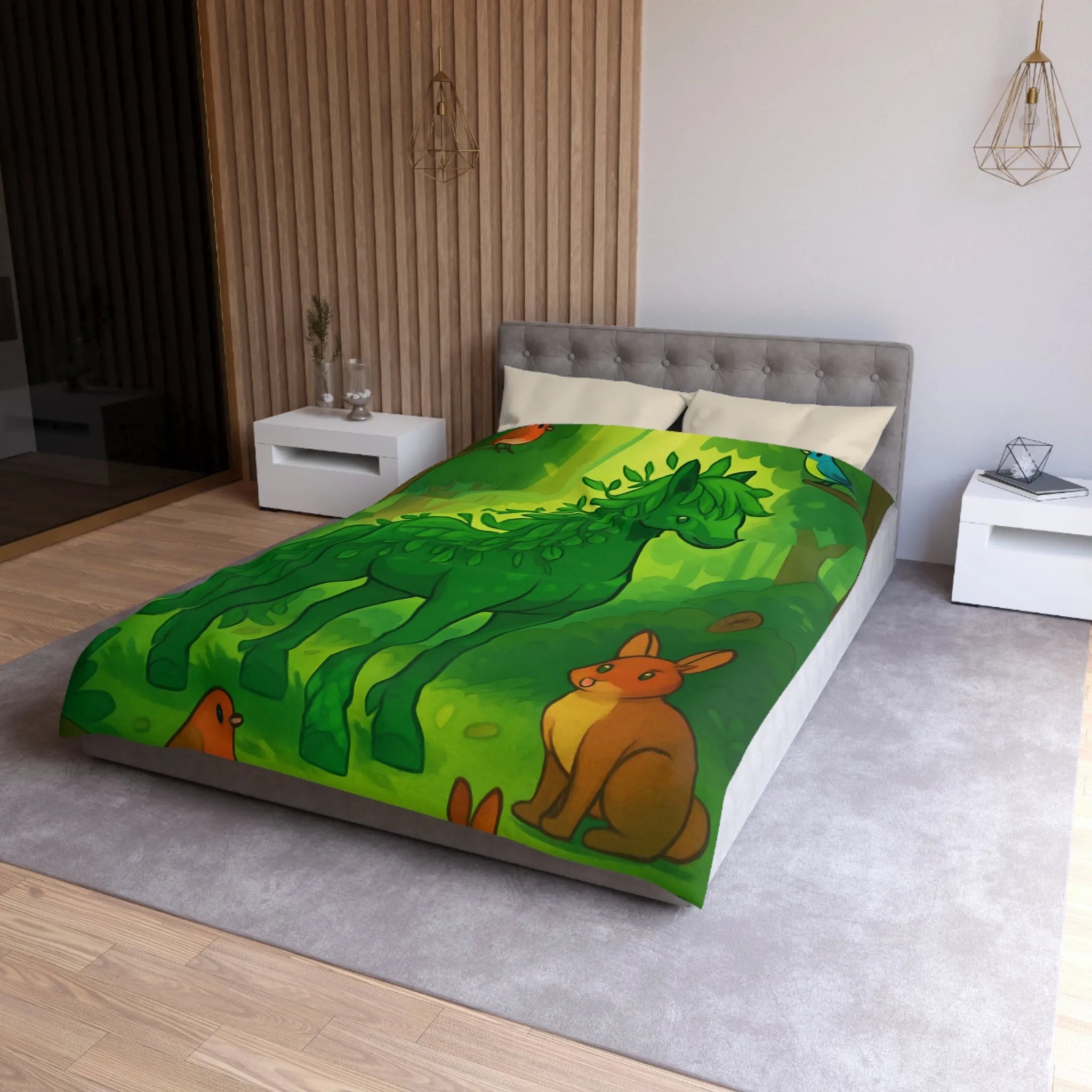 Housse de Couette Forêt Enchantée avec Cheval Vert et Animaux Sylvestres Amicaux