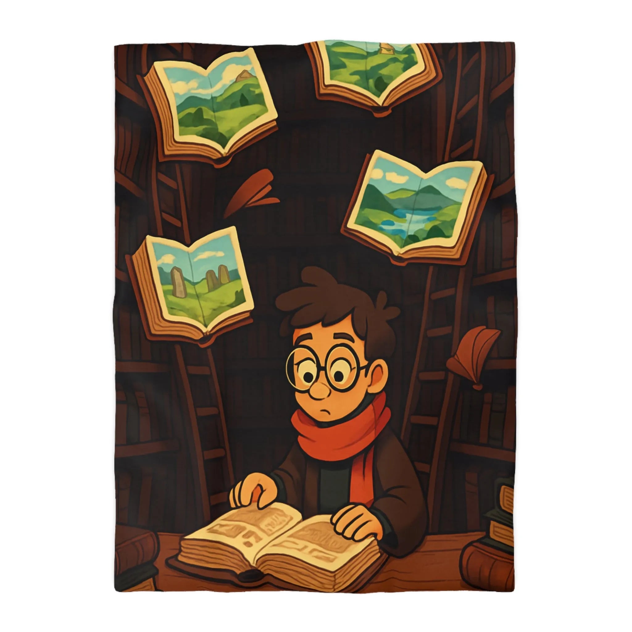 Housse de couette magique avec livres flottants et bibliothèques pour chambre enchantée