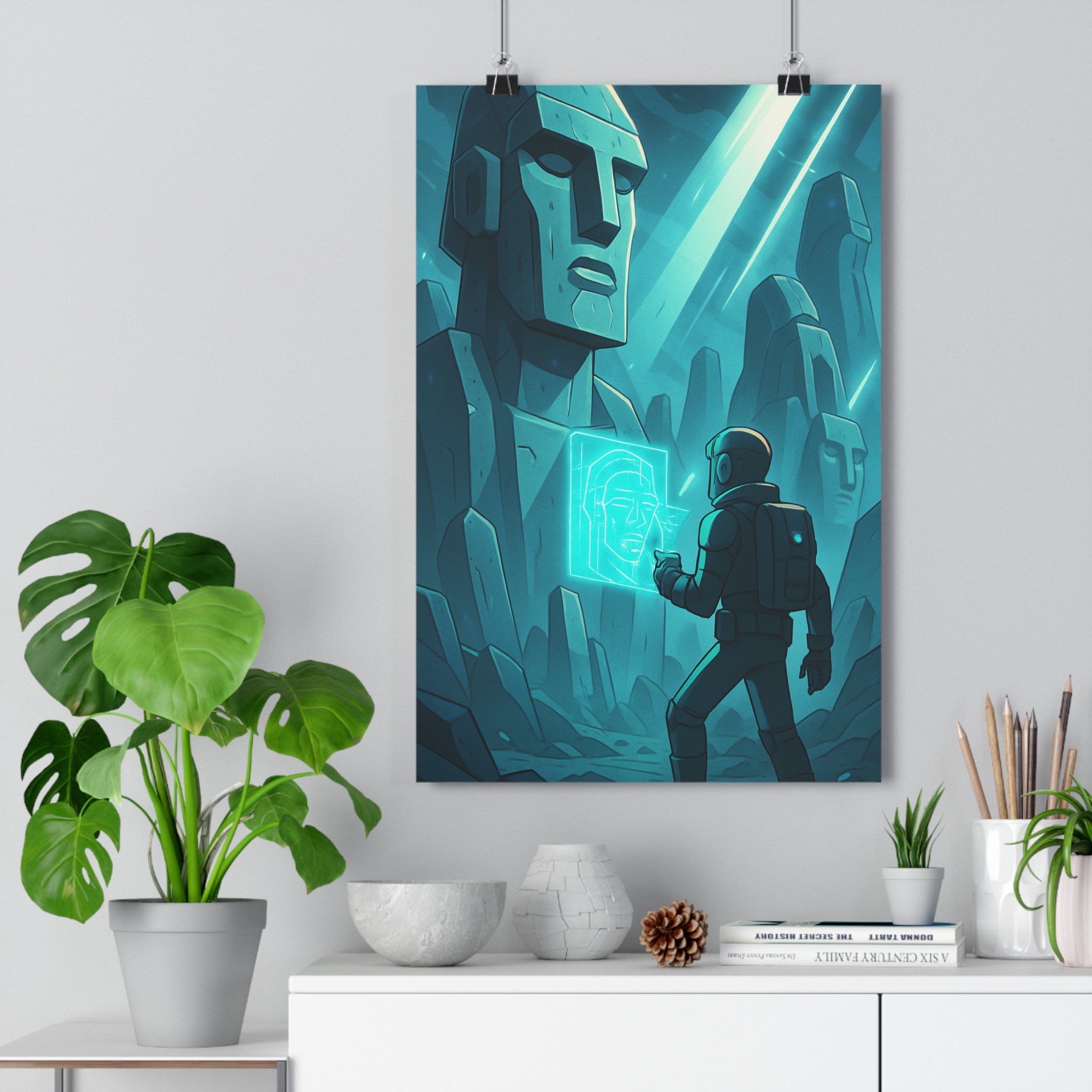 Poster décoratif futuriste bleu vert minimaliste mystérieux chambre salon bureau art contemporain tendance élégant