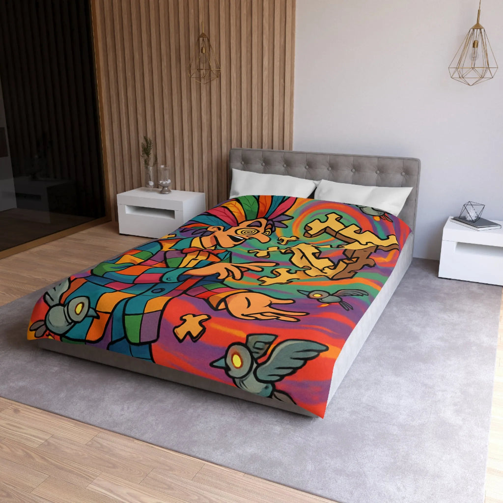 Housse de couette colorée avec illusion d'optique géométrique et motif de clown vibrant