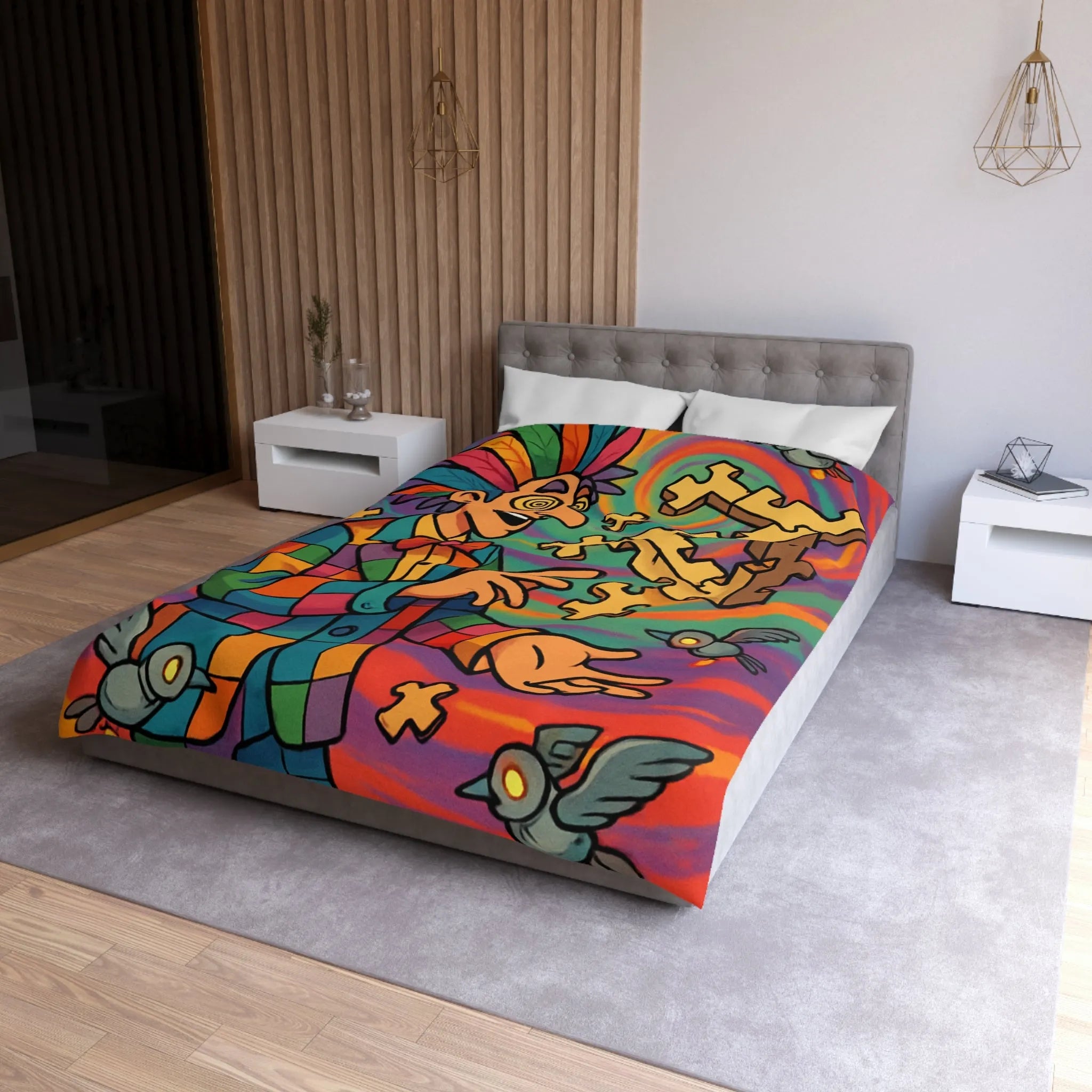 Housse de couette colorée avec illusion d'optique géométrique et motif de clown vibrant