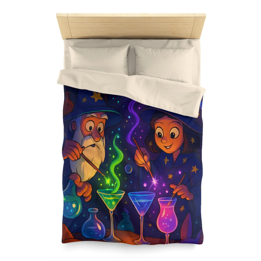 Housse de couette magique avec sorciers et potions dans un atelier enchanteur