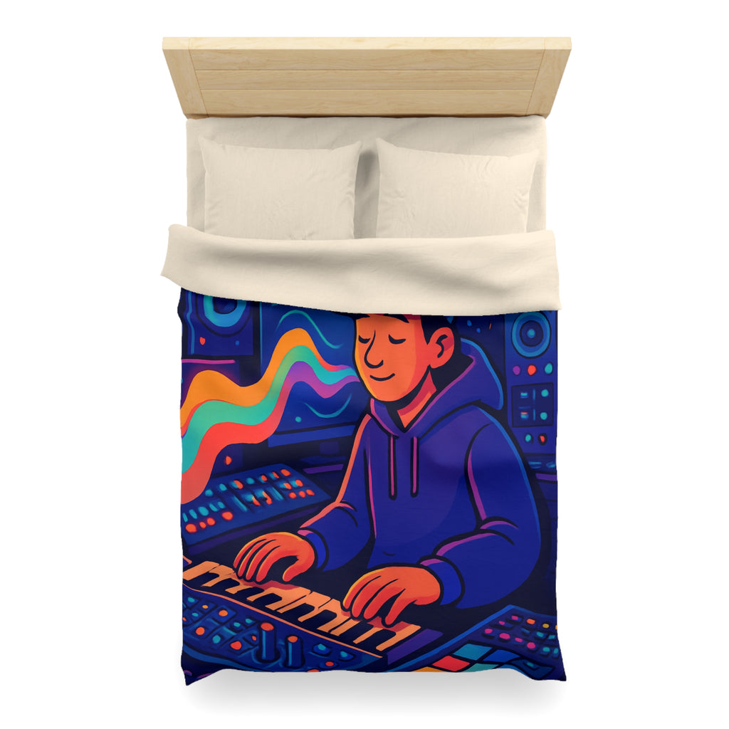 Housse de couette vibrante avec musicien dans un studio coloré et moderne