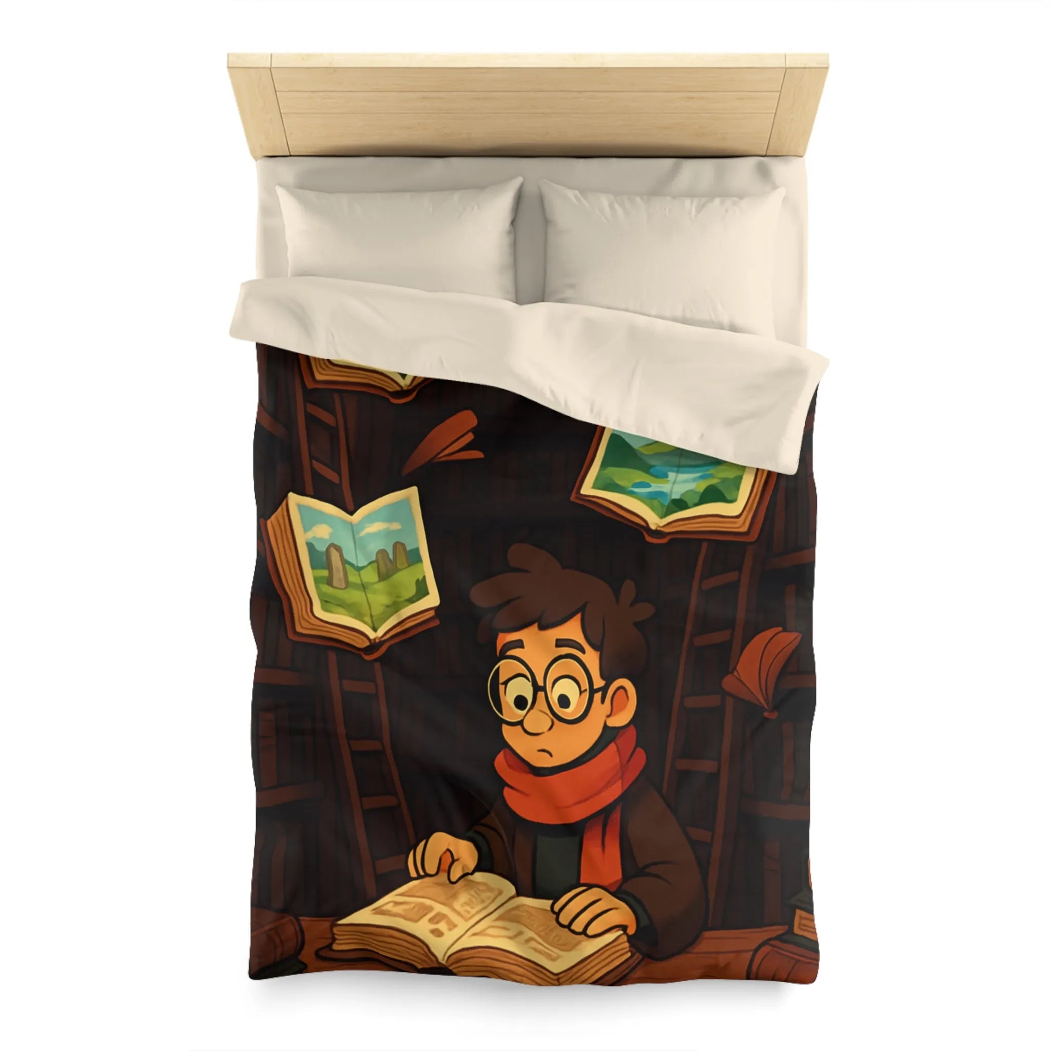 Housse de couette magique avec livres flottants et bibliothèques pour chambre enchantée