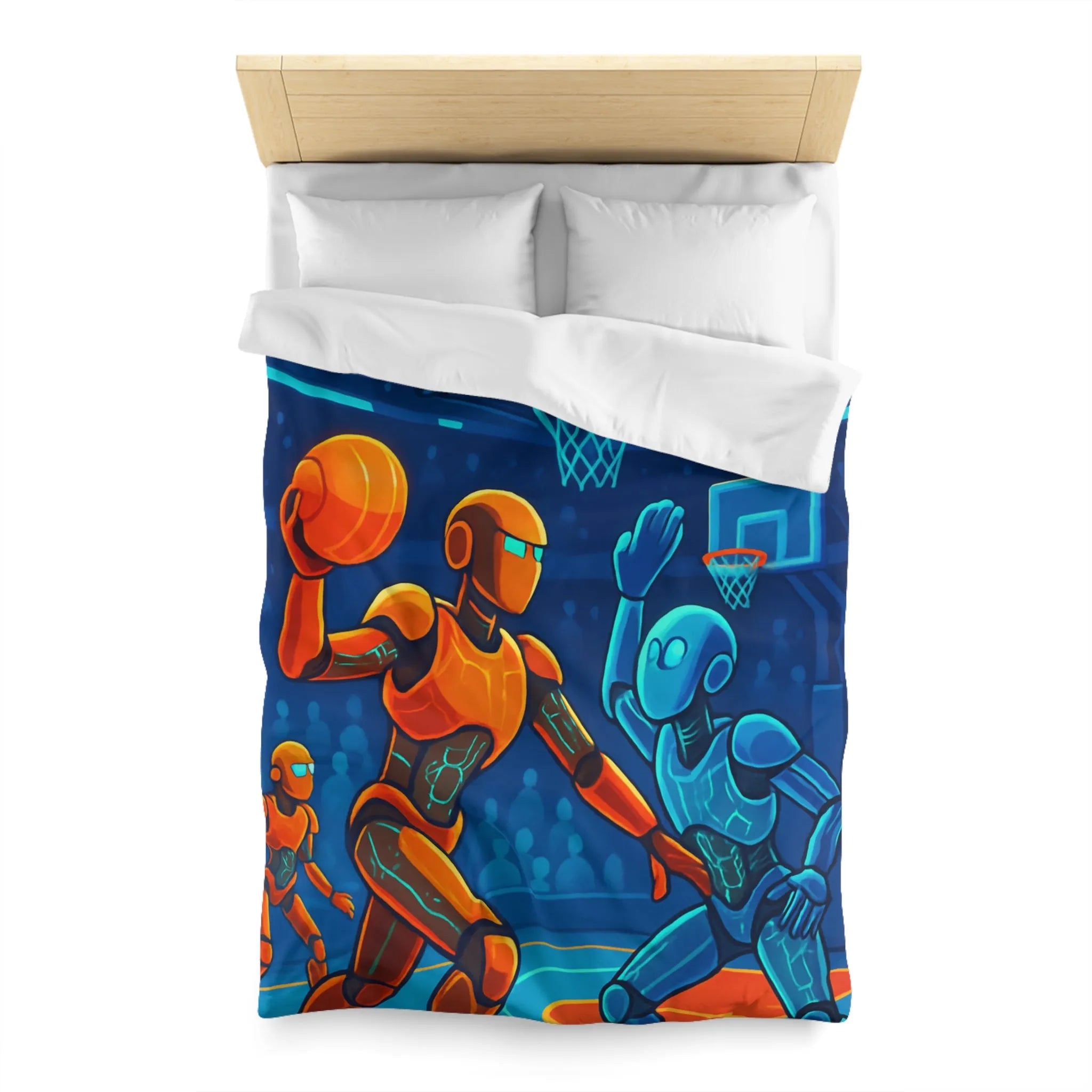 Housse de couette avec motif futuriste de robots jouant au basket sous lumière néon