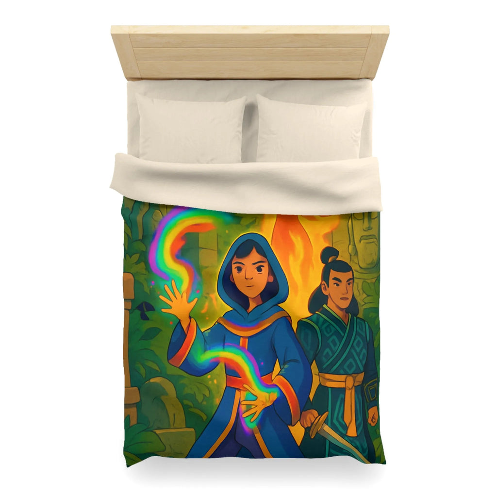 Housse de couette magique colorée : aventure mystique avec personnages énigmatiques et feu flamboyant