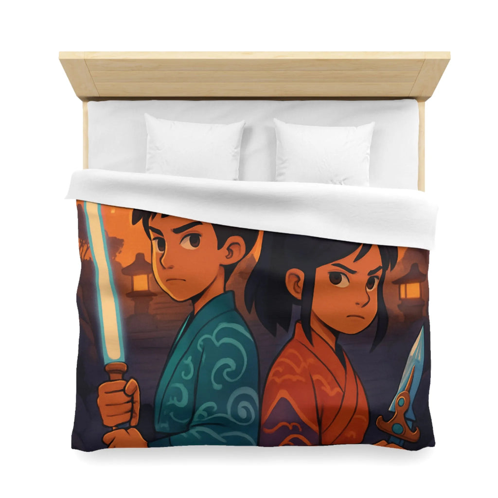 Housse de couette avec enfants guerriers, lanterne céleste, temple ancien, ambiance mystique