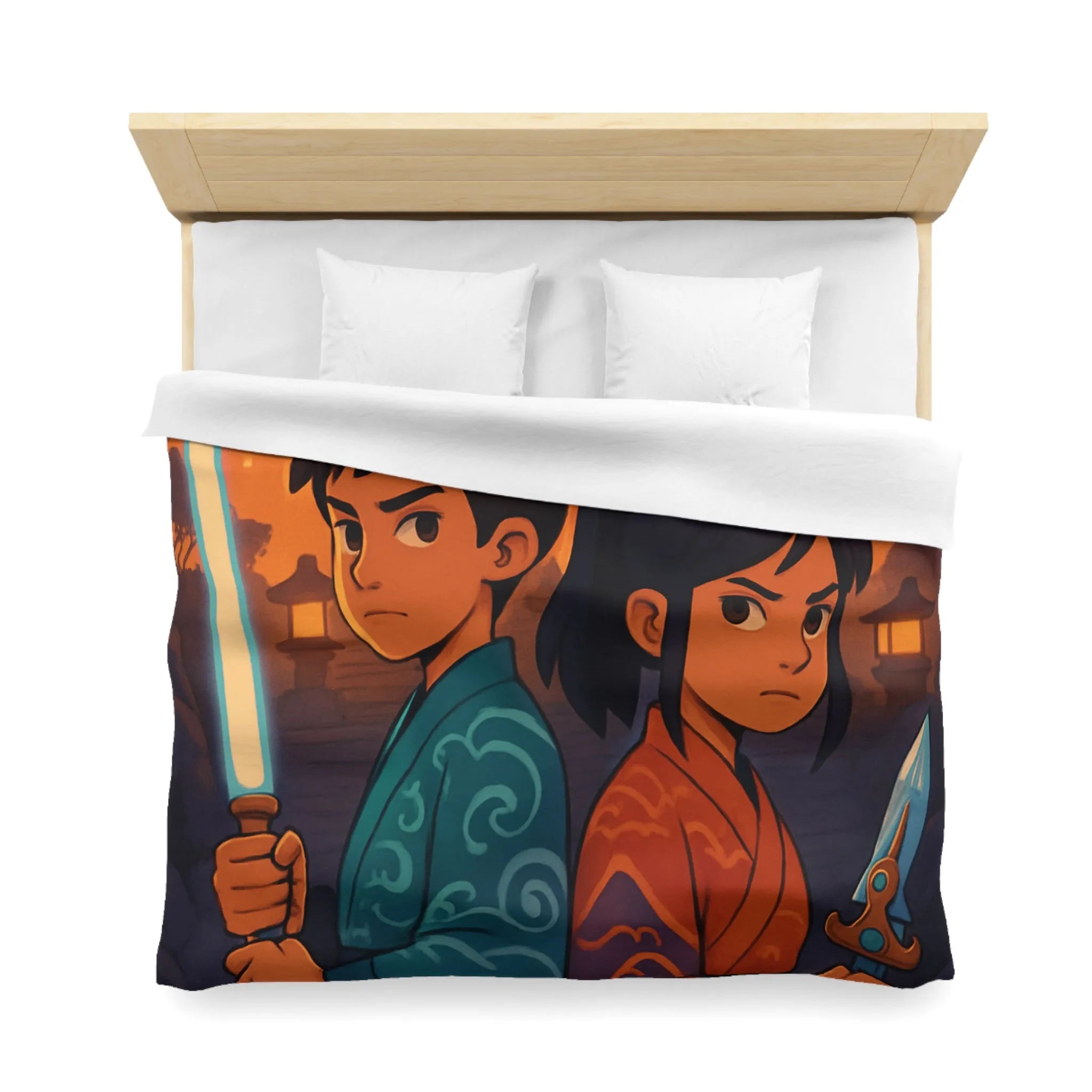 Housse de couette avec enfants guerriers, lanterne céleste, temple ancien, ambiance mystique