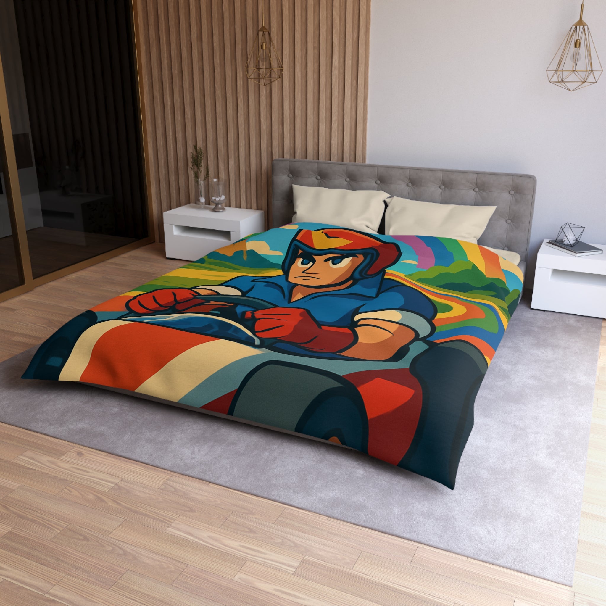 Housse de couette rétro colorée avec pilote de karting sous un arc-en-ciel vibrant