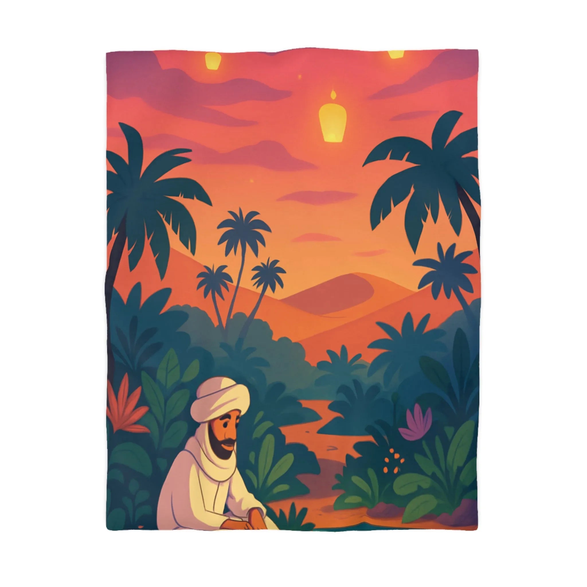 Housse de couette illustration coucher soleil oasis avec palmiers et lanternes apaisantes