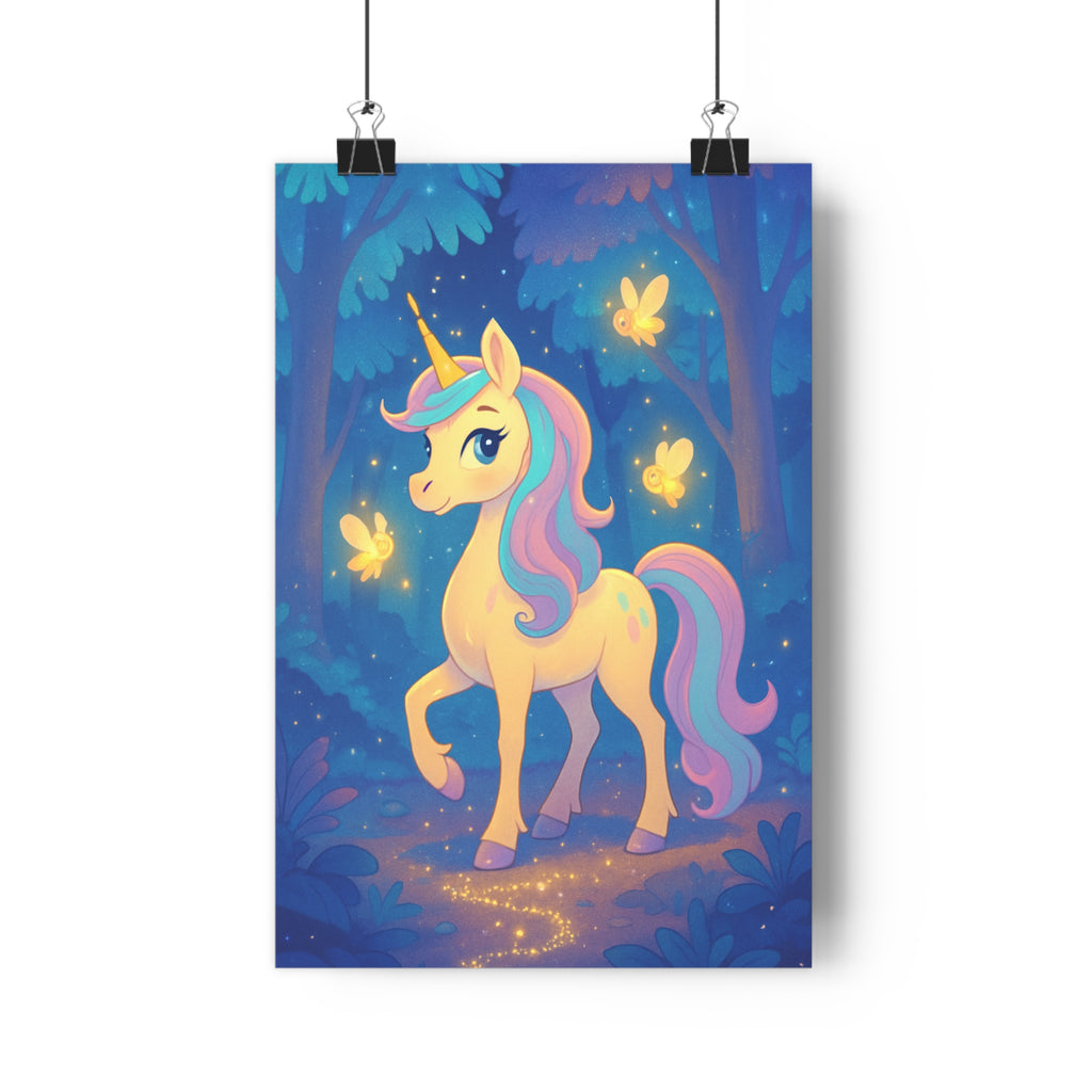 Poster décoratif licorne forêt enchantée pastel magique féerique enfant joyeux chambre créatures lumineuses 30x46