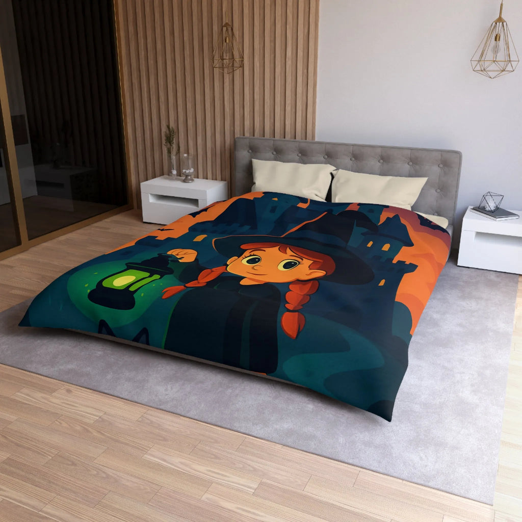 Housse de couette enfant avec sorcière, château, chauves-souris et chat noir