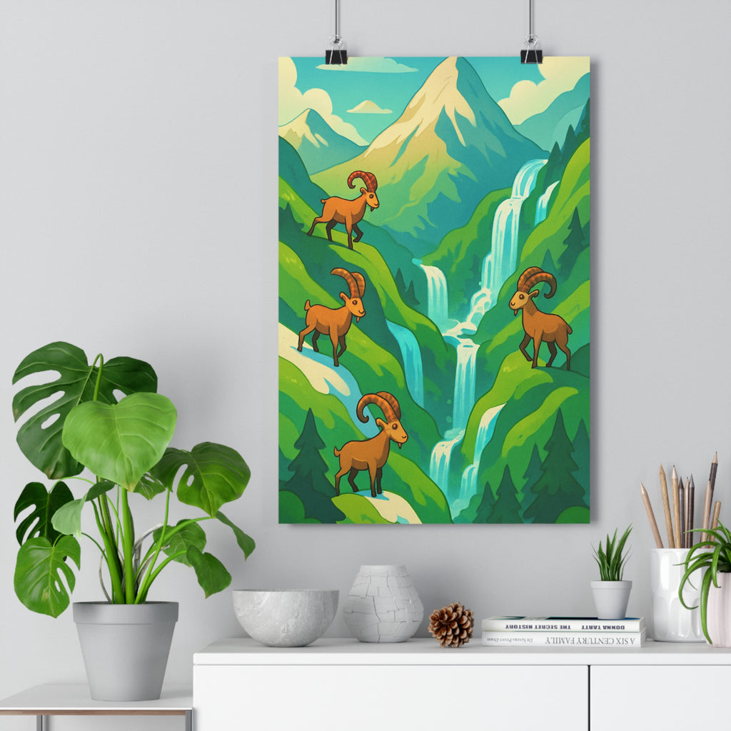 Poster décoratif cartoon pastel vert bleu montagne rêve chambre salon nature paisible fantaisiste 30x46