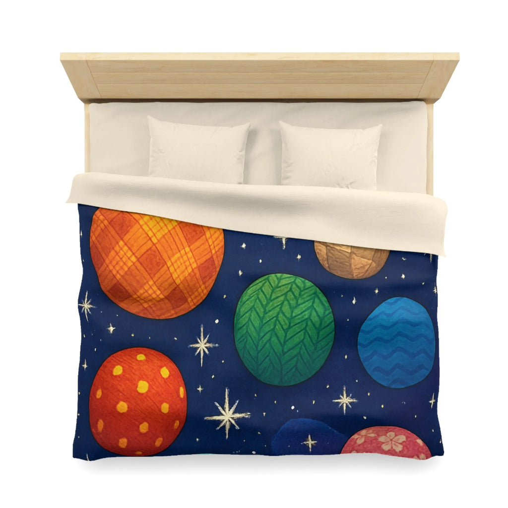 Housse de couette colorée avec planètes texturées, étoiles brillantes et nébuleuse mystique